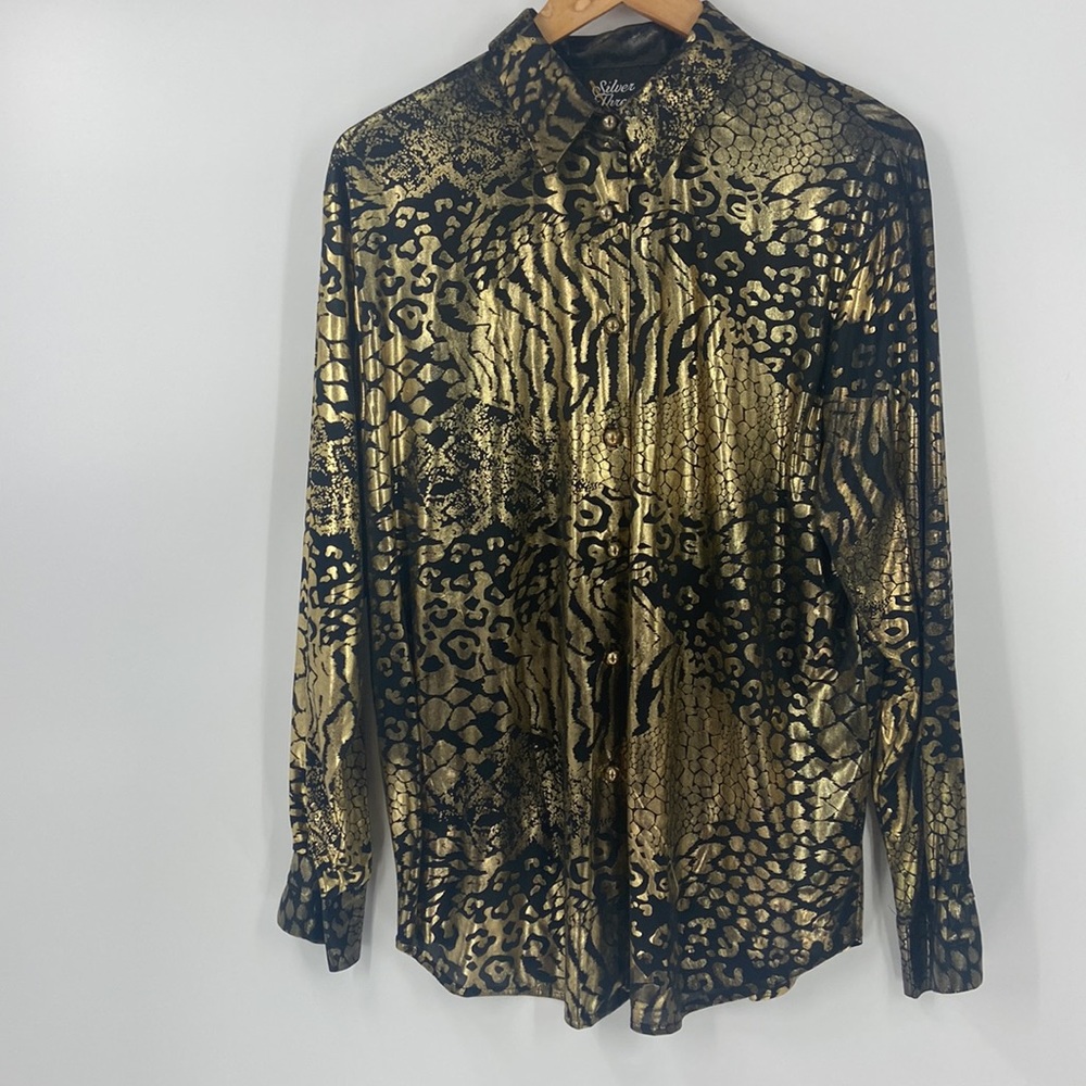 Vintage Silver Threads black and gold gothic   metallic silky button down shirt